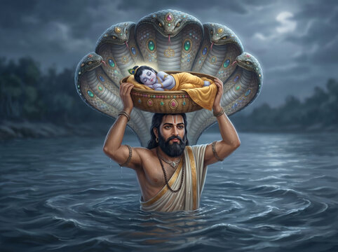 Vasudeva Carrying Infant Lord Krishna Above His Head Across the Flooded Yamuna River Under the Shelter of Sheshnag During the Divine Escape from Mathura to Gokul