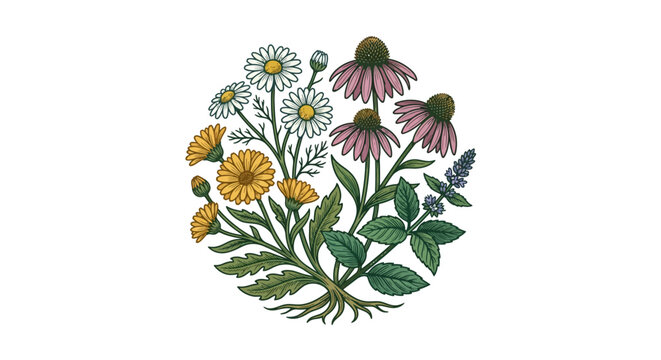 Hand drawn illustration of a medicinal herb bouquet with chamomile echinacea and calendula flowers.