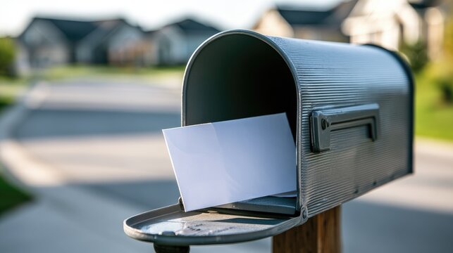 An open mailbox with a letter inside, a suburban street in the background