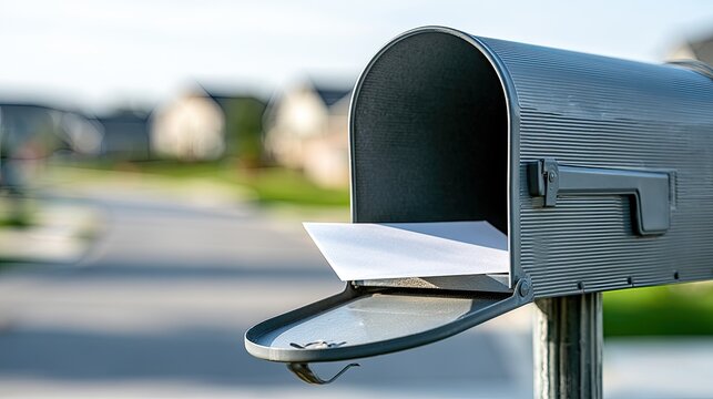 Close-up of an open mailbox with letters inside, suburban street in background