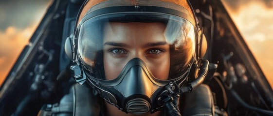 Fototapeta premium pilot in helmet and oxygen mask inside jet cockpit at sunset, reflective visor showing sky and clouds, focused intense mood