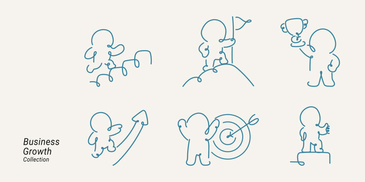 Cute blue line art business growth character set of 6 figures running, climbing, winning trophy, hitting target, and celebrating, representing success and achievement. Perfect for corporate and motiva