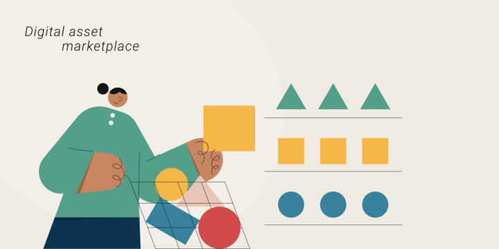 Flat design illustration of a person organizing colorful geometric shapes on shelves, representing a digital asset marketplace and collection. Perfect for NFT, crypto, fintech, and tech content.