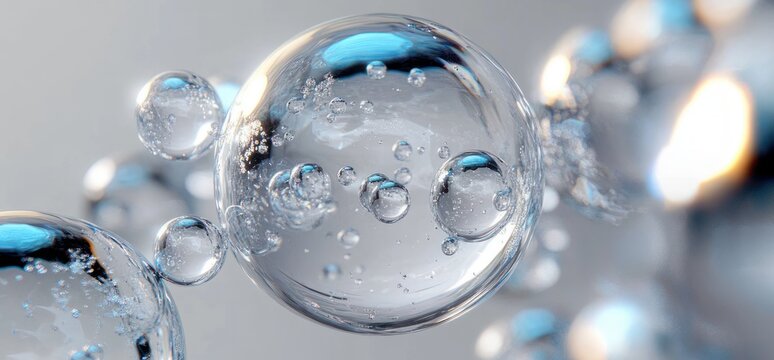 close-up of transparent floating spheres with inner bubbles and blue highlights conveying serene, futuristic purity