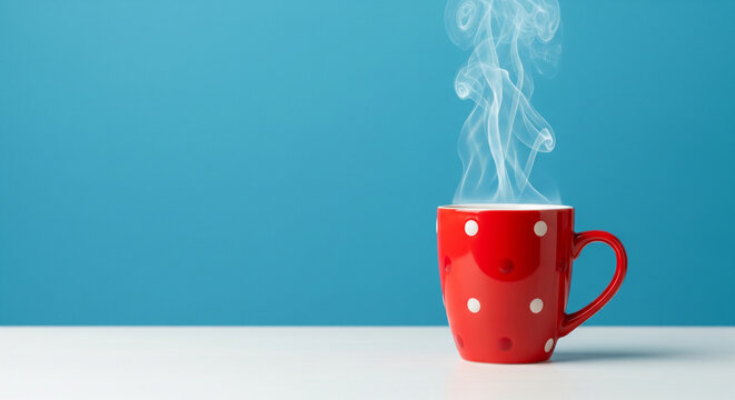 A cozy red polka dot mug with hot steam on a blue background, a perfect concept for a peaceful and warm winter coffee break