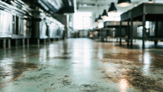 A wide, low-angle shot of a stainless steel commercial kitchen floor