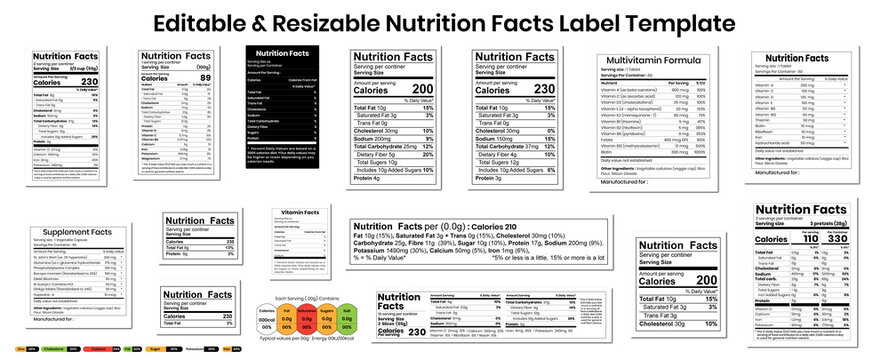 Editable nutrition facts labels template for food packaging and health information