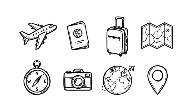 Premium Hand Drawn Travel Doodle Icon Set Tourism Outline Vector Collection
