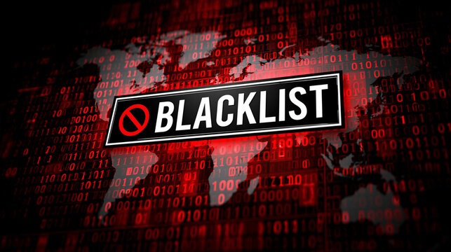 Digital Blacklist Alert: A stark graphic depicting a world map overlaid with binary code and a prominent BLACKLIST sign, symbolizing digital restriction and exclusion in the online realm.
