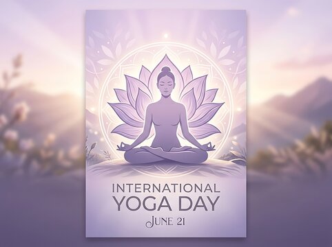 Beautiful illustration of international yoga day with lotus and meditating woman in peaceful nature setting