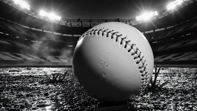 Dramatic close up of a baseball resting on a wet field in a darkened stadium with stadium lights blazing