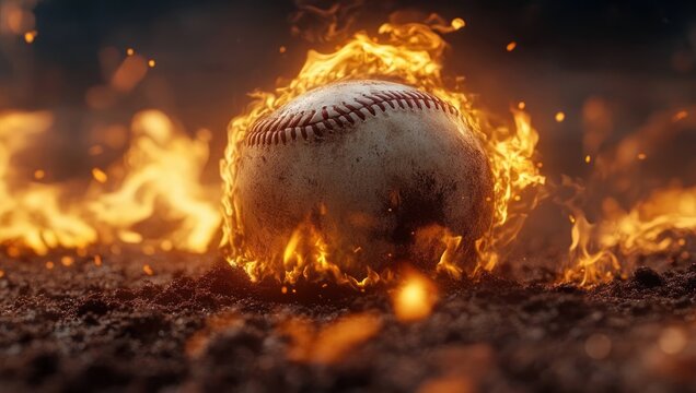 baseball engulfed in flames on a dirt field with glowing embers, smoke and intense energy