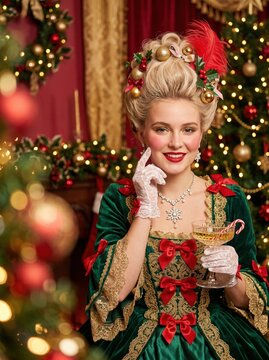 Laughing woman in pink baroque Christmas costume with white wig decorated with ornaments and pearls, holding festive holiday cocktail with candy cane near sparkling Christmas tree.