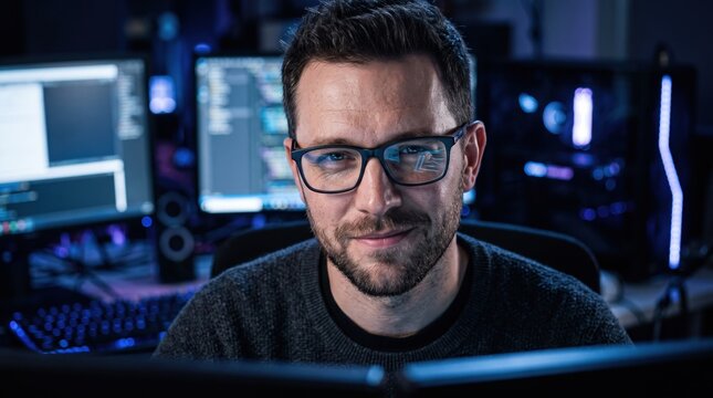 Portrait of a focused software developer working on code in a dark office with multiple monitors