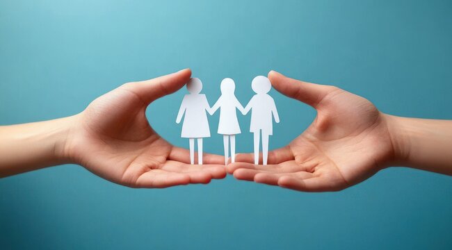 open hands holding a paper cutout of three connected figures on a blue background expressing care protection and unity