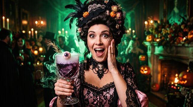 Surprised woman in dark gothic baroque halloween costume with black wig decorated with pumpkins and feathers, holding spooky eyeball cocktail amid green smoky party atmosphere.