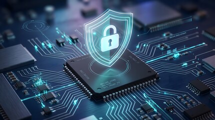 Fototapeta premium Data protection hardware with secure microchip and glowing cyber shield