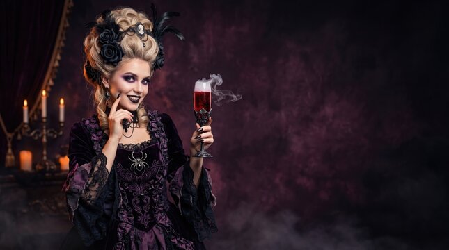 Glamorous woman in dark purple gothic baroque vampire costume with black roses in wig, dramatic makeup, holding glass of smoky red cocktail against moody dark background.
