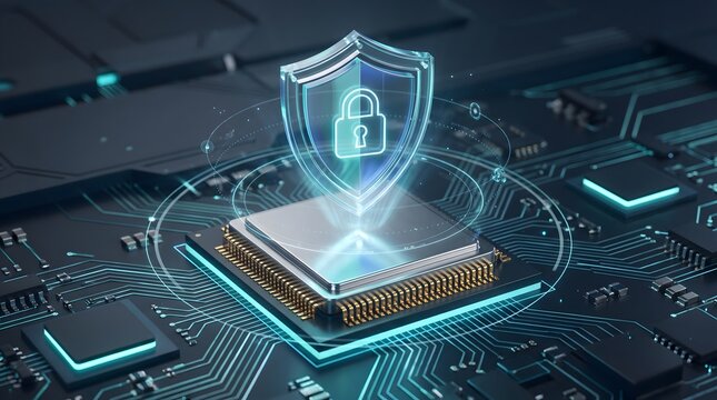 Futuristic microchip processor with digital shield and padlock for hardware security