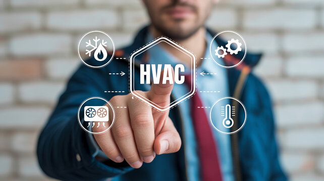 Hvac service technician selecting heating cooling and air conditioning system maintenance options on digital interface with professional technician
