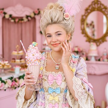 Smiling young woman in pastel rococo dress with colorful ribbon bows, feathered wig with pearls and rose, holding sprinkled milkshake dessert in pink candy boutique interior.