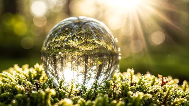Nature's Reflection A crystal clear sphere rests on moss reflecting a lush forest and sunlight symbolizing environmental preservation and the beauty of the natural world