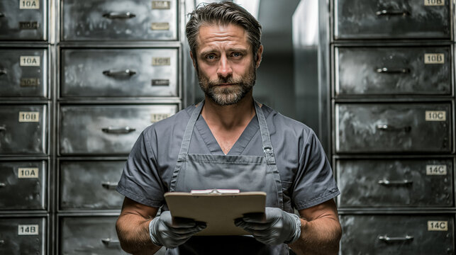 Forensic Investigator: A serious male forensic investigator with a mustache holds a clipboard in front of drawers in a storage room, wearing a medical uniform and gloves.