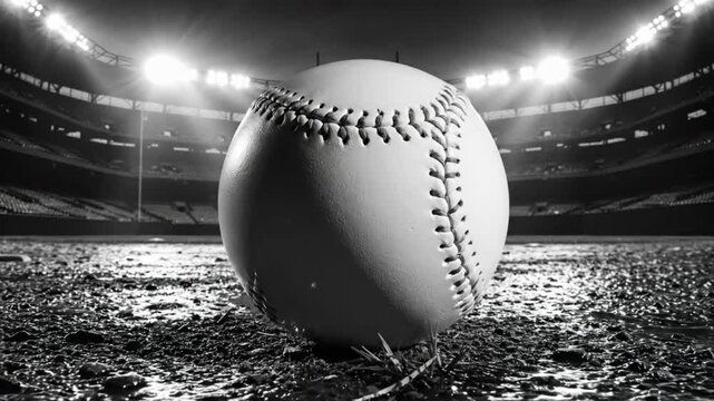 Black and white close up of a baseball in an empty baseball stadium on the field at night