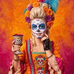 Obraz premium Woman with vibrant Day of the Dead sugar skull face paint, marigold floral headdress with feathers, holding decorated ceramic cup, wearing embroidered orange and pink dress.