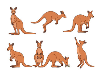 Obraz premium A collection of six illustrated kangaroos in various poses and activities.