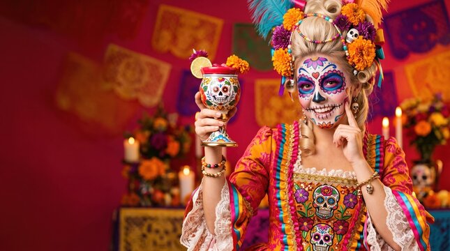 Woman with vibrant Day of the Dead sugar skull face paint, marigold floral headdress with feathers, holding decorated ceramic cup, wearing embroidered orange and pink dress.