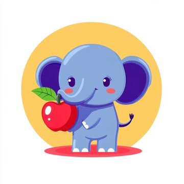 happy baby elephant holding a red apple with rosy cheeks standing on a pink mat in front of a yellow circle background