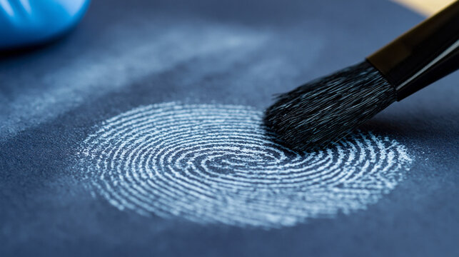 Fingerprint Dusting: A forensic brush meticulously dusts a latent fingerprint on a dark surface, revealing intricate patterns for identification and investigation.