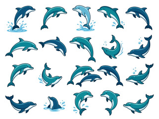 Fototapeta premium A collection of various cartoon dolphin illustrations in different poses and actions.