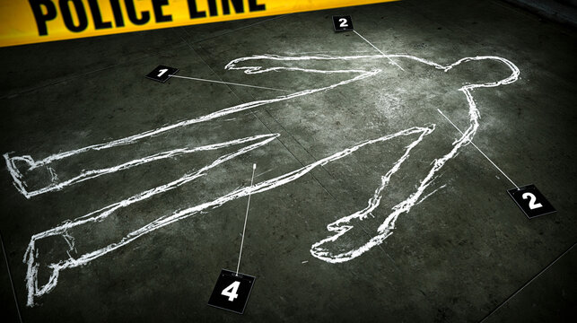 Crime Scene Investigation: Chalk outline of a body on the ground with evidence markers and police line tape, signifying a criminal investigation.