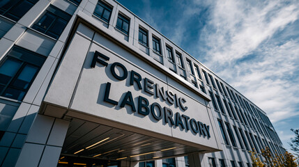 Obraz premium Forensic Laboratory Building: A modern, imposing building houses the forensic laboratory, with its name clearly visible above the entrance under a bright blue sky with scattered clouds.