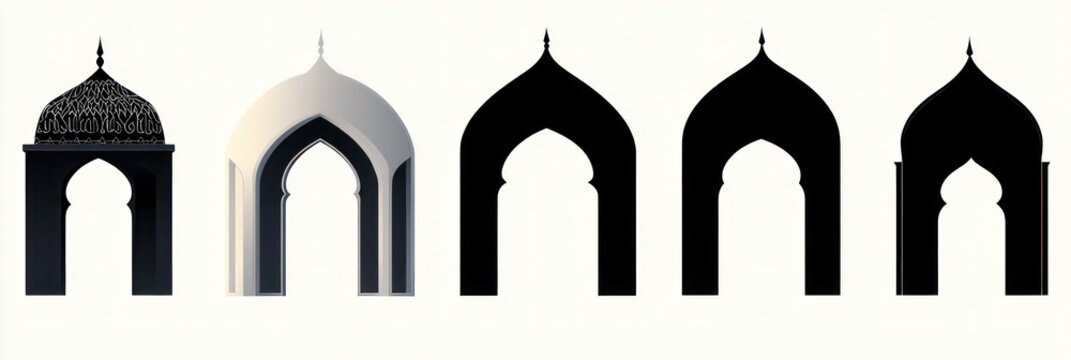 Five ornamental archways and door silhouettes in a row, one with an intricate domed top and filigree pattern and four simplified dark arch cutouts on a white background, calm minimalist study