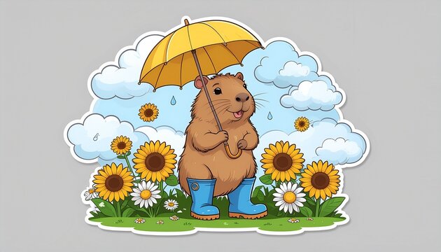 Cute capybara holds tiny sunflower umbrella wearing oversized rain boots under rainy clouds