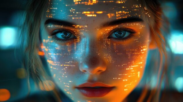 close-up portrait of a young woman with blue eyes and freckles, city lights projected across her face in orange and teal neon, intense contemplative and mysterious gaze