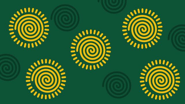 A vibrant dark green background featuring multiple golden yellow Aboriginal dot art spiral circles arranged in a decorative repeating pattern