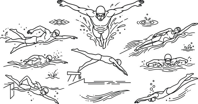 Swimming pool sport doodle vector set with swimmers diving freestyle butterfly stroke underwater splash and athletic race icons