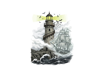 Ornate Gothic Lighthouse Structure With Bright Beam Cutting Through Fog, Revealing Phantom Sailing Vessel Amidst Stormy Waves And Scattered Seabirds, Illustration Vector Illustration © derahvana