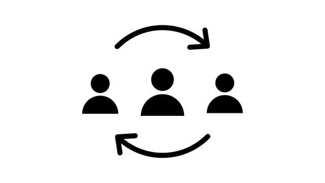 A simple black and white icon showing three human figures arranged in a circle with curved arrows indicating rotation collaboration and team cycle