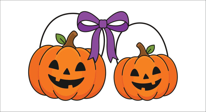 Two orange jack o lanterns with a purple bow vector illustration on a white background halloween pumpkins jackolanterns carved pumpkin faces decorations autumn fall holiday