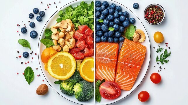 vibrant divided plate of fresh blueberries, orange slices, broccoli, leafy greens, mushrooms, nuts and diced red vegetables paired with raw salmon fillets, tomatoes and herbs, fresh and appetizing