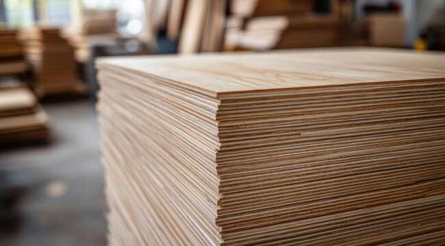 stack of smooth plywood sheets in a woodworking workshop bathed in warm light conveying craftsmanship and order