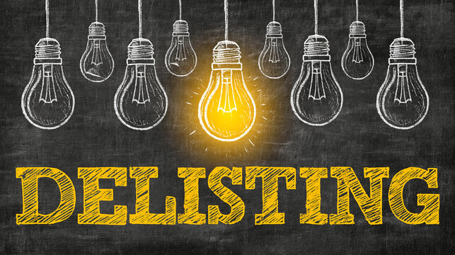 Delisting Concept: A bright idea illuminated by a glowing lightbulb among many dim ones, conveying the concept of delisting or innovation.