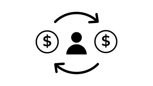 A black icon illustrating two people exchanging dollar coins with circular arrows showing peer-to-peer money transfer sharing economy or community finance