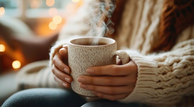 hands cradling a steaming ceramic mug while wearing a chunky knit sweater, soft bokeh string lights in the background, warm cozy relaxed mood