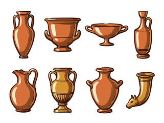 Set Of Illustrated Greek Pottery Vessels Such As Amphorae Kraters And A Horn Shaped Rhyton In Orange And Brown Hues With Sketch Style Vector Art Vector Illustration © derahvana